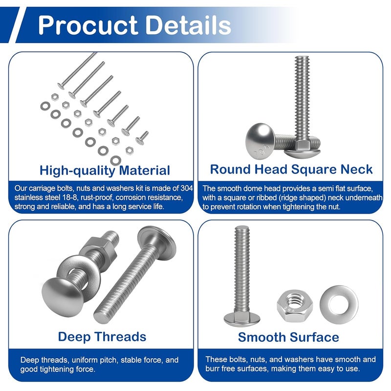 MroMax 1/4-20 x 1-1/2" Carriage Bolt Kit, 20 Sets Carriage Screws with Hex Nuts and Flat Washers, Stainless Steel 18-8(304) Round Head Square Neck Screw, Fully Threaded, Coarse - Image 4